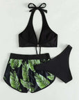 3pcs Leaf Print Bikini With Shorts Fashion Summer Beach Swimsuit Womens Clothing