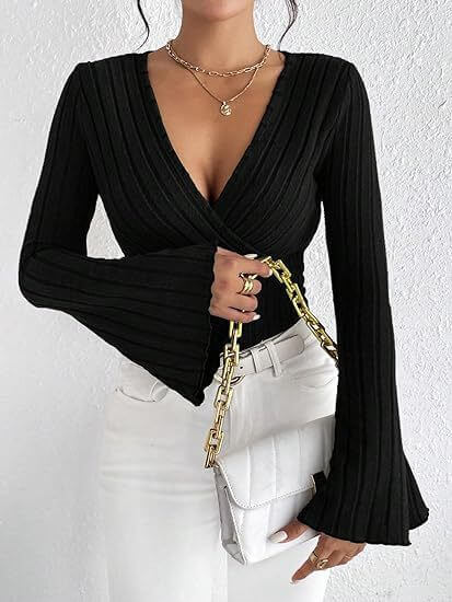 Women's Autumn And Winter Rib Sunken Stripe V-neck Slim-fit Long Sleeve T-shirt Women's Top