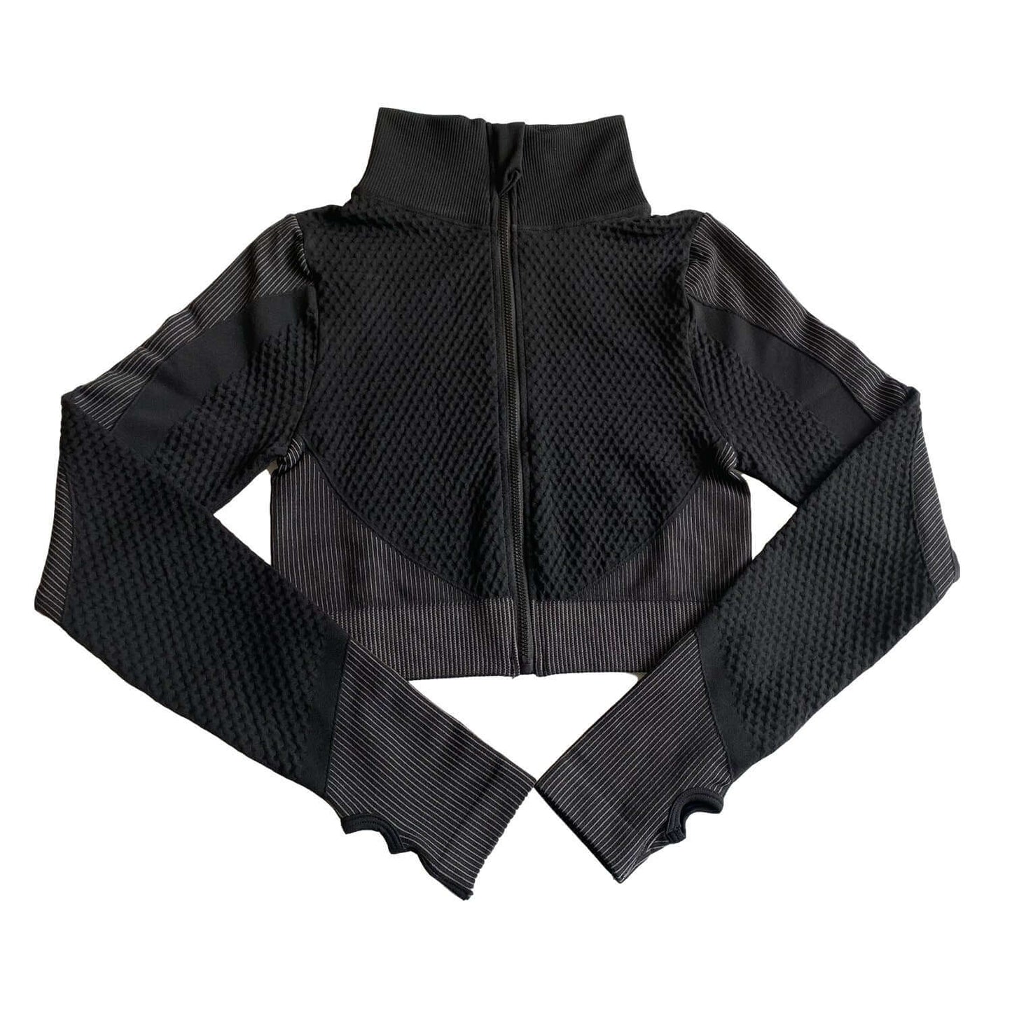 Shark women's long sleeve seamless gym top for fitness, black solid color, perfect for winter, spring, and autumn.
