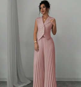 Summer Sleeveless Suit Fashion Lapel Button Vest Top And Pleated Straight Pants Women's Trousers Set Clothing