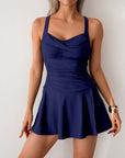 Navy blue sleeveless plus size women's swimwear, featuring a flattering skirt style for summer outings.