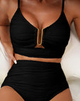 Black women's swimwear bikini set featuring a V-neck and high waist design.