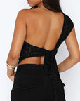 Ins Lace Backless Top Summer Solid Color Waistless Asymmetrical Sloped Neck Vest Streetwear Womens Clothes