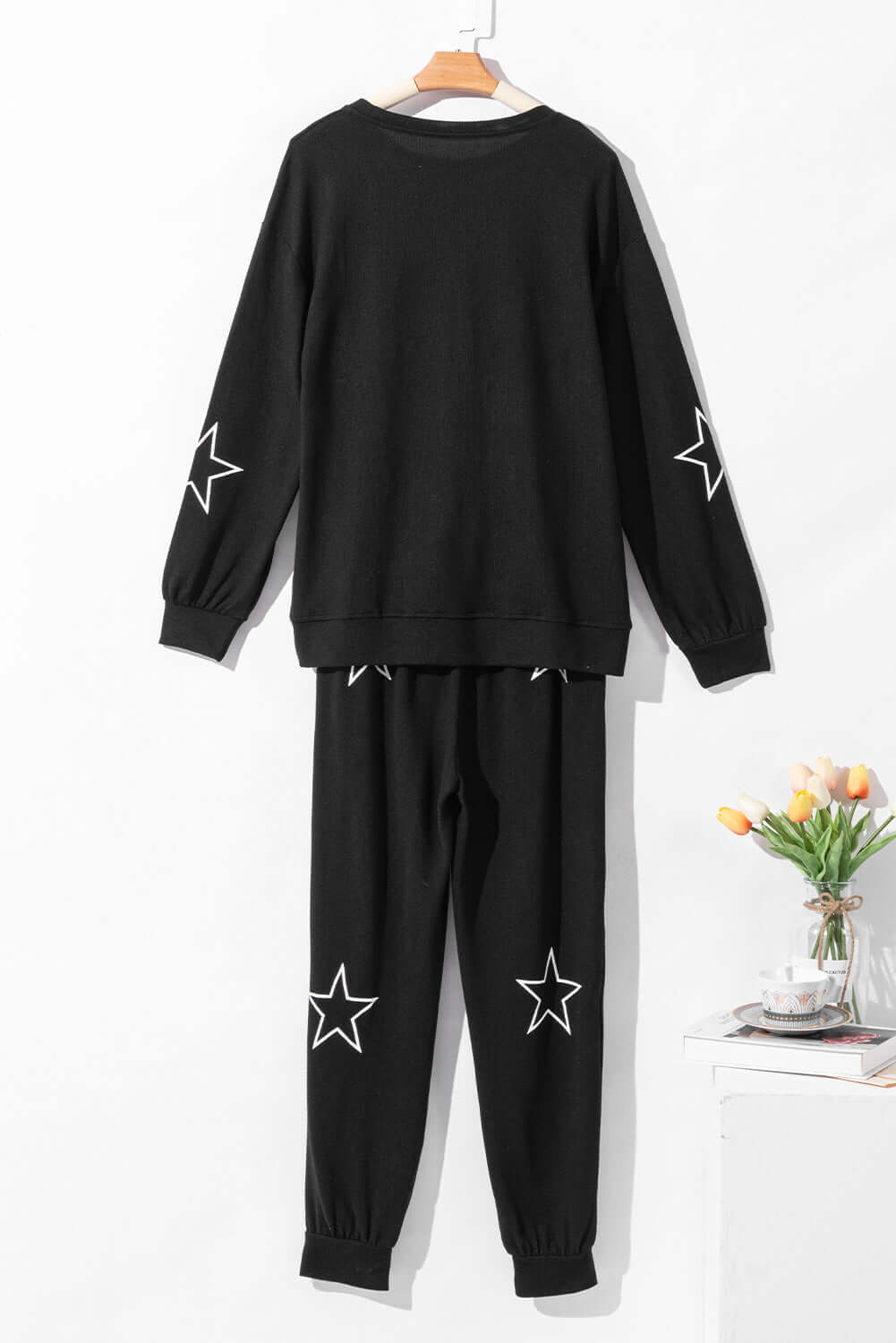 Black Stars Print Long Sleeve Drawstring High Waist Lounge Set - Little Miss Vanilla