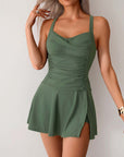 Women's summer plus size skirt style swimsuit in army green, featuring sleeveless design and flattering ruched detail.