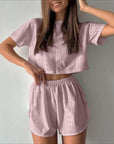 2pcs Casual Hollow Suit With Short-sleeved Crop Top And Elastic Slit Shorts Summer Fashion Sport Clothing For Women