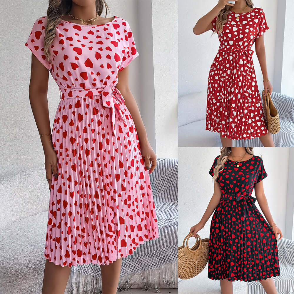 Casual Contrast Color Love Heart Short Sleeve Waist-controlled Pleated Dress