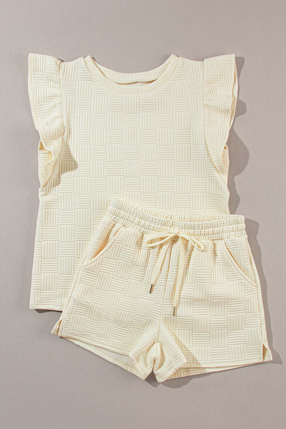 Apricot Textured Ruffled Sleeve Tee and Drawstring Shorts Set