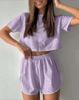 2pcs Casual Hollow Suit With Short-sleeved Crop Top And Elastic Slit Shorts Summer Fashion Sport Clothing For Women