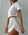 2pcs Casual Hollow Suit With Short-sleeved Crop Top And Elastic Slit Shorts Summer Fashion Sport Clothing For Women