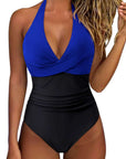 Women's blue and black backless lace-up sexy swimsuit, perfect for summer swimwear or beach outings.