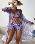 3pcs Pring Bikini With Long Sleeve Cardigan Fashion Summer Beach Swimsuit Women