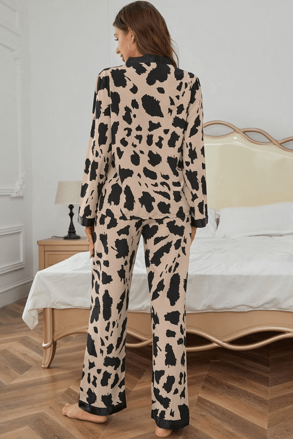 Khaki Cheetah Contrast Trim Loose Fit Two Piece Sleepwear - Little Miss Vanilla