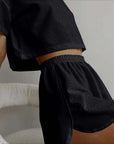 2pcs Casual Hollow Suit With Short-sleeved Crop Top And Elastic Slit Shorts Summer Fashion Sport Clothing For Women