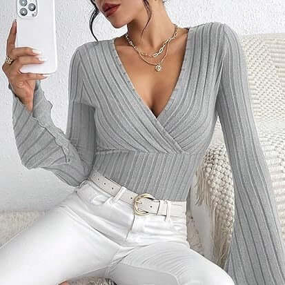 Women's Autumn And Winter Rib Sunken Stripe V-neck Slim-fit Long Sleeve T-shirt Women's Top