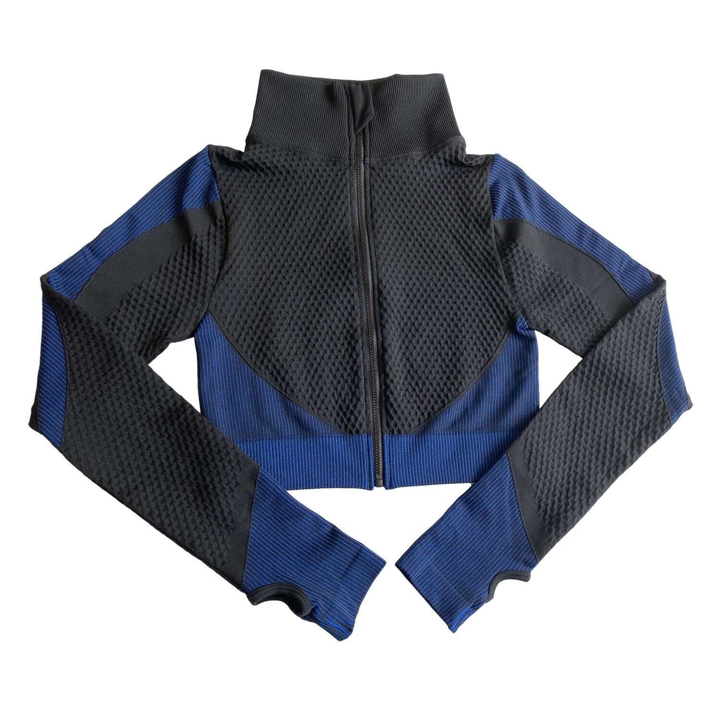 Women's long sleeve fitness top in black and blue, perfect for winter, spring, and autumn workouts.