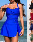 Summer split swimsuit for women in blue, showcasing skirt style and plus size options, perfect for beach outings.