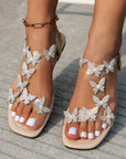 New Butterfly Rhinestone Sandals Summer Square Toe Flat Shoes For Women