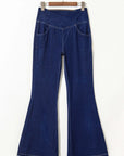 Dusk Blue Solid Crossed Waist High Elastic Fit Flare Knit Jeans