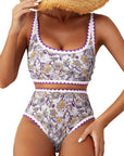 Women's floral paisley print bikini swimsuit with high waist and sleeveless design, perfect for beachwear.