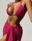 3pcs Halterneck Swimsuit Set Beach Solid Color Sexy Backless Bikini With Mesh Skirt Summer Womens Clothing