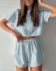 2pcs Casual Hollow Suit With Short-sleeved Crop Top And Elastic Slit Shorts Summer Fashion Sport Clothing For Women