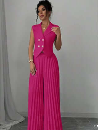 Summer Sleeveless Suit Fashion Lapel Button Vest Top And Pleated Straight Pants Women's Trousers Set Clothing