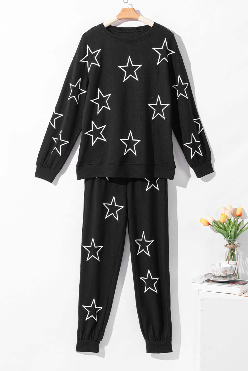 Black Stars Print Long Sleeve Drawstring High Waist Lounge Set - Little Miss Vanilla