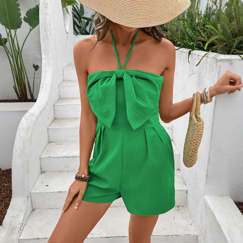 Sling Backless Jumpsuit Bow Halter One-piece Shorts