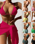 3pcs Halterneck Swimsuit Set Beach Solid Color Sexy Backless Bikini With Mesh Skirt Summer Womens Clothing