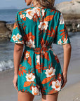 Back view of women's floral ruffle sleeve culottes jumpsuit, perfect for beach vacations in vibrant tropical colors.