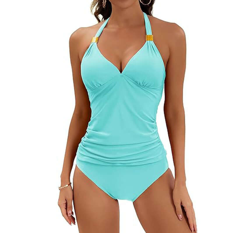 Women's pure color halter two piece swimsuit in vibrant lake water green, perfect for summer swimwear.