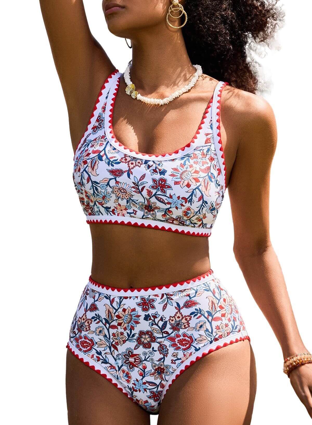 Women's swimwear featuring a floral paisley pattern, sleeveless sexy bikini with high-waisted briefs.