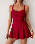 Red summer split swimsuit for women, plus size skirt style in sleeveless design, perfect for swimming and beach outings.
