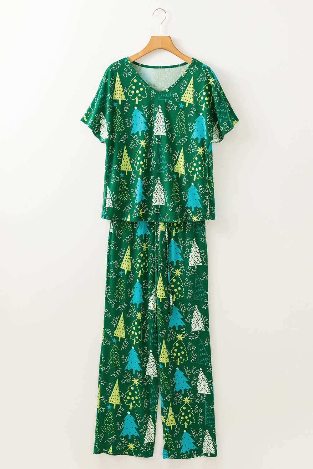 Green Christmas Tree Print V Neck Tee and Pants Lounge Set - Little Miss Vanilla