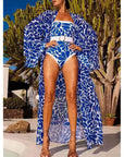 Women's floral printed one-piece swimsuit with a long blue cover-up, perfect for swimming and beach outings.
