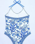 European American Fashion Floral Print Halter Backless Swimsuit for women's swimwear, featuring elegant blue floral design.