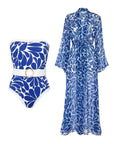 Women's swimwear set featuring a blue floral one-piece swimsuit and a matching long-sleeved blouse cover-up.