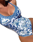 European American floral print halter backless swimsuit for women, perfect for summer beach or pool wear.