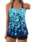 Women's swimwear featuring a stylish blue tankini with a leaf print, perfect for summer outings and beach fun.