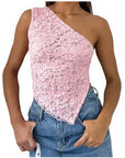 Ins Lace Backless Top Summer Solid Color Waistless Asymmetrical Sloped Neck Vest Streetwear Womens Clothes