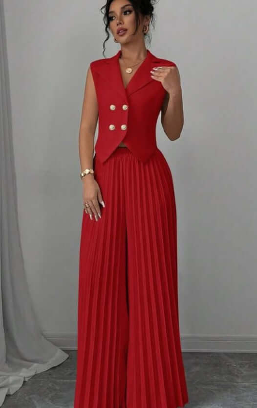 Summer Sleeveless Suit Fashion Lapel Button Vest Top And Pleated Straight Pants Women's Trousers Set Clothing