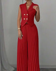 Summer Sleeveless Suit Fashion Lapel Button Vest Top And Pleated Straight Pants Women's Trousers Set Clothing