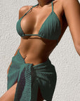 3pcs Halterneck Swimsuit Set Beach Solid Color Sexy Backless Bikini With Mesh Skirt Summer Womens Clothing