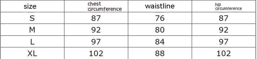 Size chart for women's swimwear featuring chest, waistline, and hip circumference measurements.
