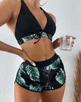 3pcs Leaf Print Bikini With Shorts Fashion Summer Beach Swimsuit Womens Clothing