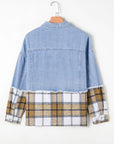 Khaki Plaid Patchwork Buttoned Oversized Denim Jacket