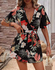 Women's Beach Vacation Printed Jumpsuit with Ruffle Sleeves and Floral Design, ideal for summer swimwear.
