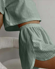 2pcs Casual Hollow Suit With Short-sleeved Crop Top And Elastic Slit Shorts Summer Fashion Sport Clothing For Women