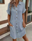 Summer Short Sleeve Shirt Dress Fashion Solid Color Single-breasted Mid-length Loose Dress